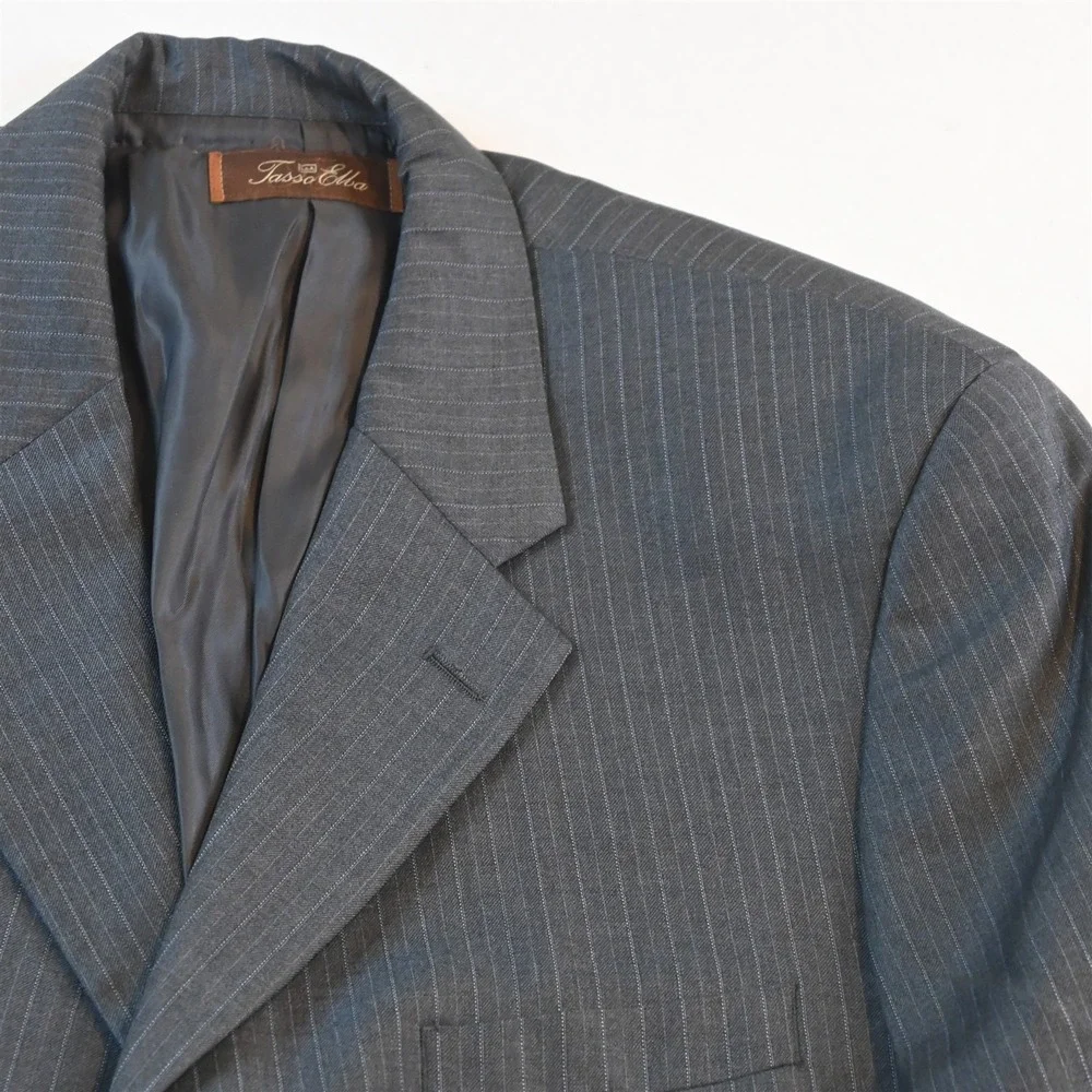 Vtg‎ Y2K Boxy 2000s 42S 33x29 Gray Striped 100% Wool Mens Jacket Pants Suit